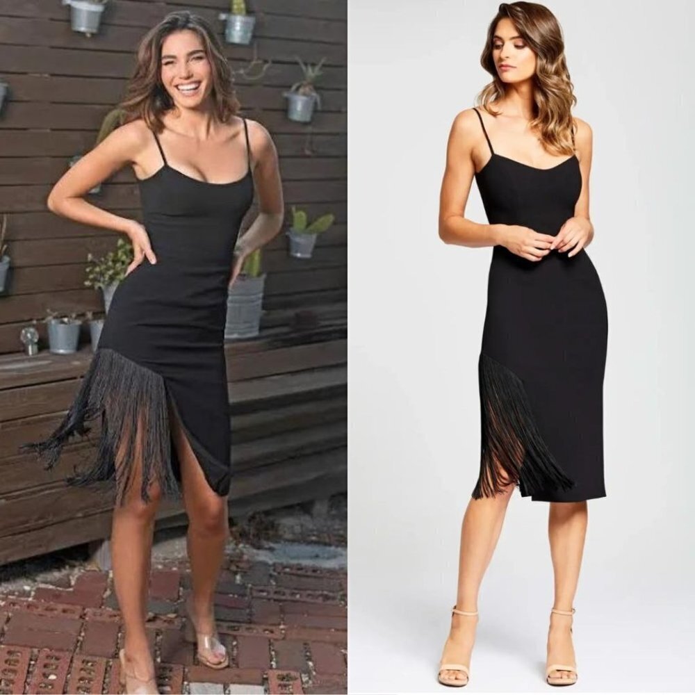 Dress the Population Rory Fringe Tassel Midi Dress Sleeveless Black Small